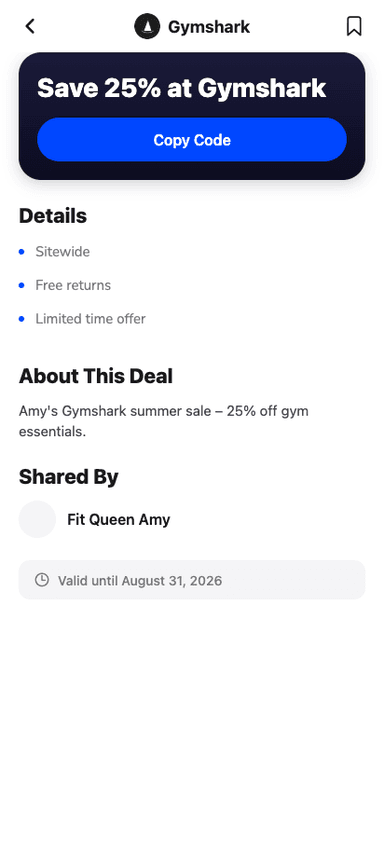 Valto coupon detail showing one-tap Copy Code button for Gymshark 25% off