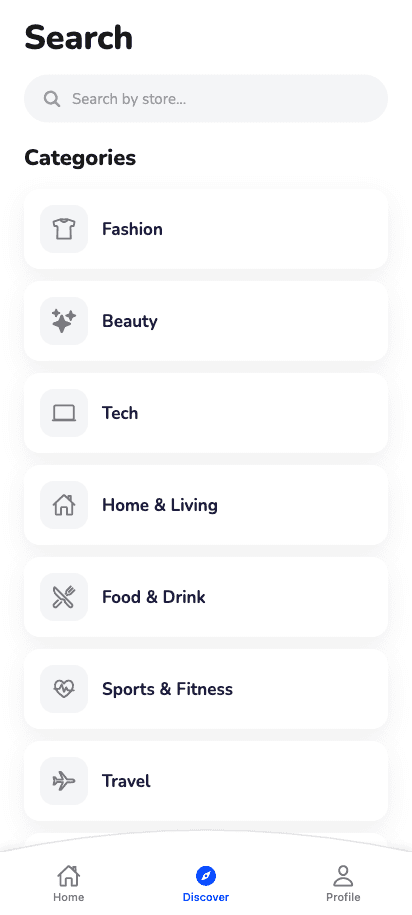 Valto discover screen with search bar and category tiles for Fashion, Beauty, Tech, Home & Living, Food & Drink