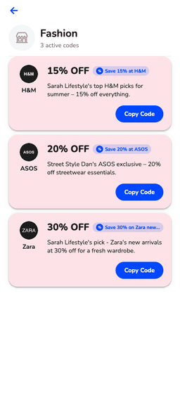 Valto Fashion category showing H&M, ASOS, and Zara deals with Copy Code buttons