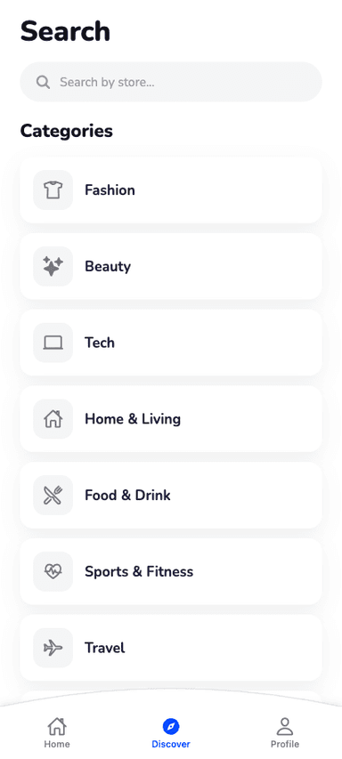 Valto discover screen with search bar and categories for Fashion, Beauty, Tech