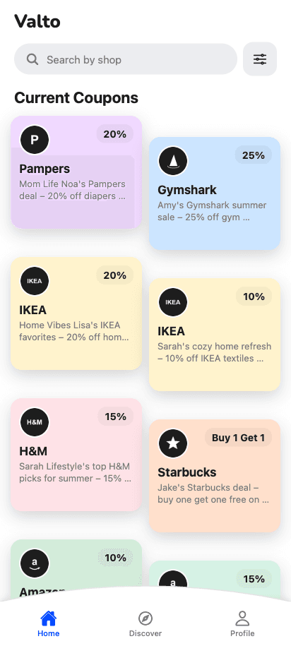 Valto home screen showing influencer coupon deals from Pampers, Gymshark, IKEA, H&M and more with pastel colored cards